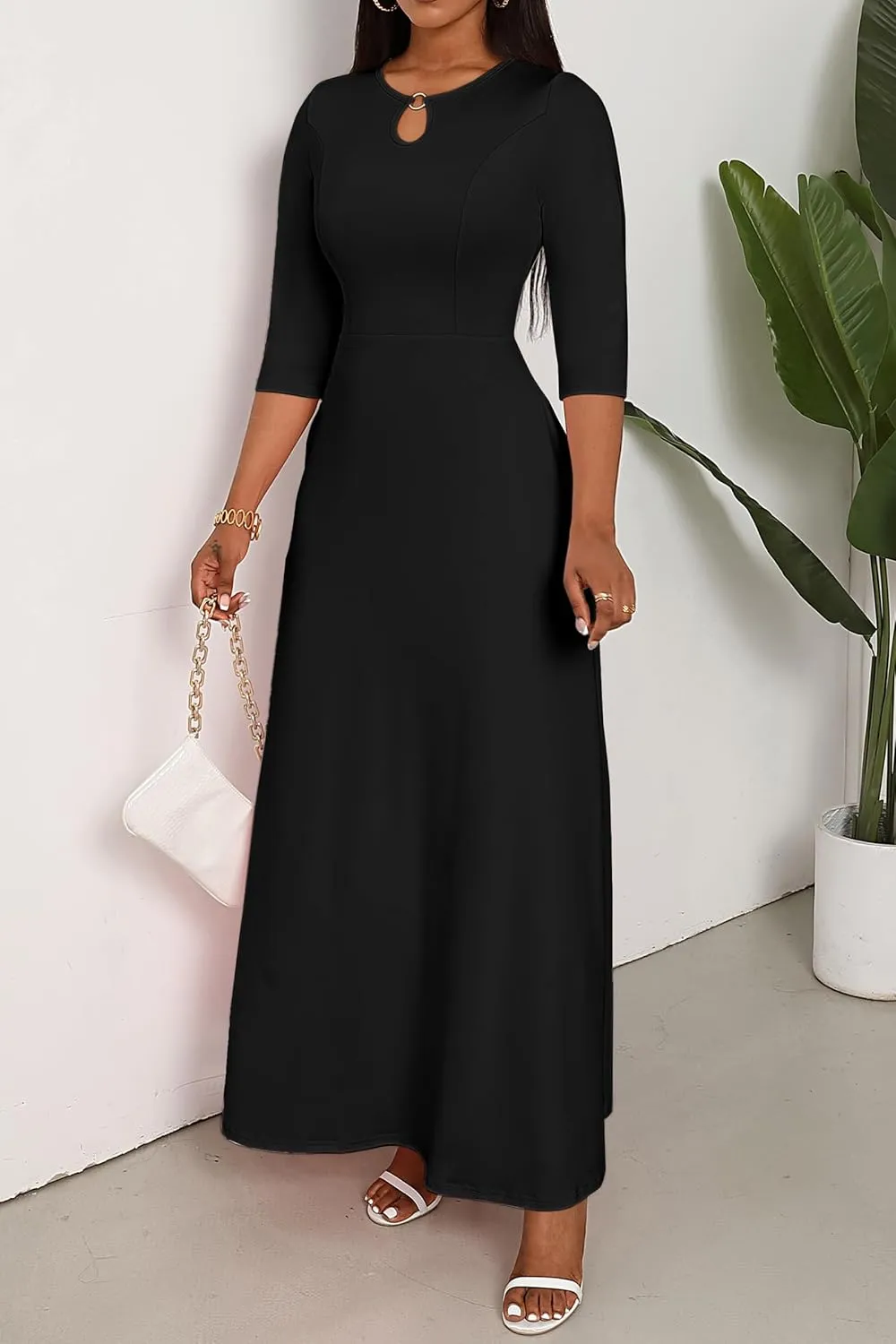 FANDEE Women's Maxi Dress Casual Boho Plain Long Dresses 3/4 Sleeve with Pockets