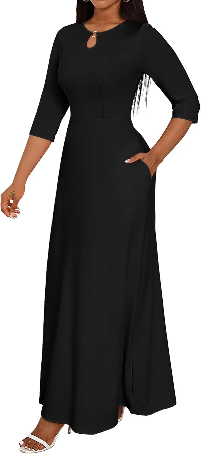 FANDEE Women's Maxi Dress Casual Boho Plain Long Dresses 3/4 Sleeve with Pockets