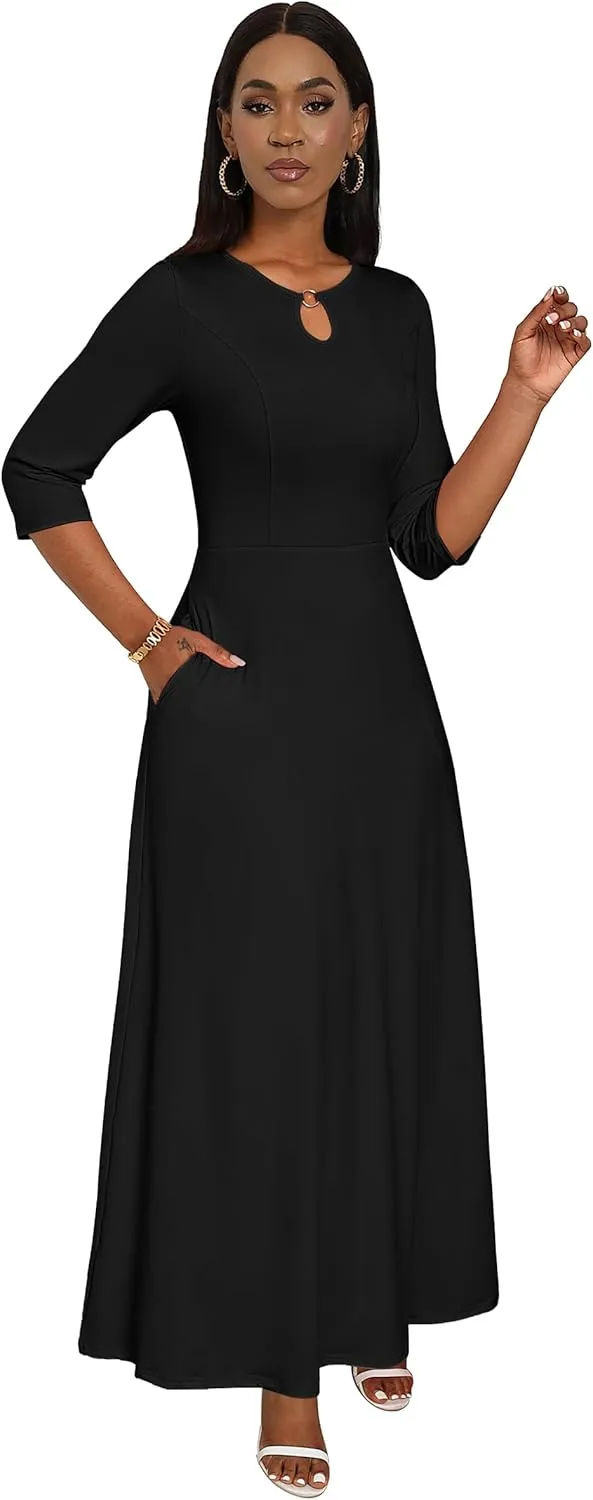 FANDEE Women's Maxi Dress Casual Boho Plain Long Dresses 3/4 Sleeve with Pockets