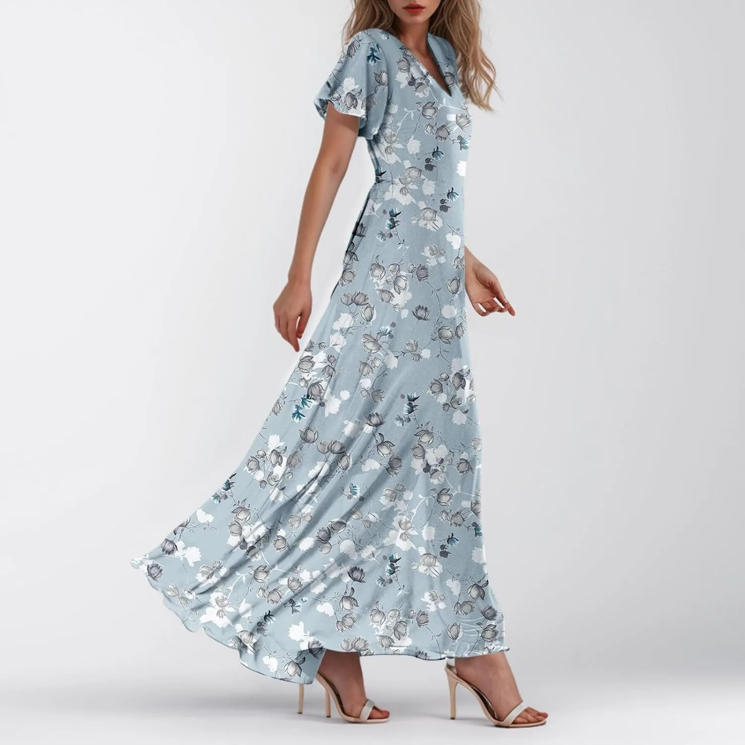 Floral Maxi Dresses for Women 2025 Summer Modest Flutter Sleeve Long Flowy Dresses V Neck Chiffon Garden Party Dress