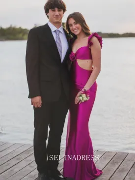 Fuchsia Mermaid Satin Long Prom Dress Cheap Evening Gown SEW1262