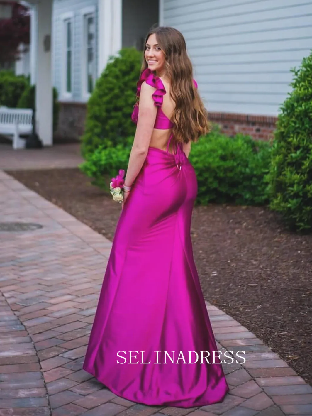 Fuchsia Mermaid Satin Long Prom Dress Cheap Evening Gown SEW1262