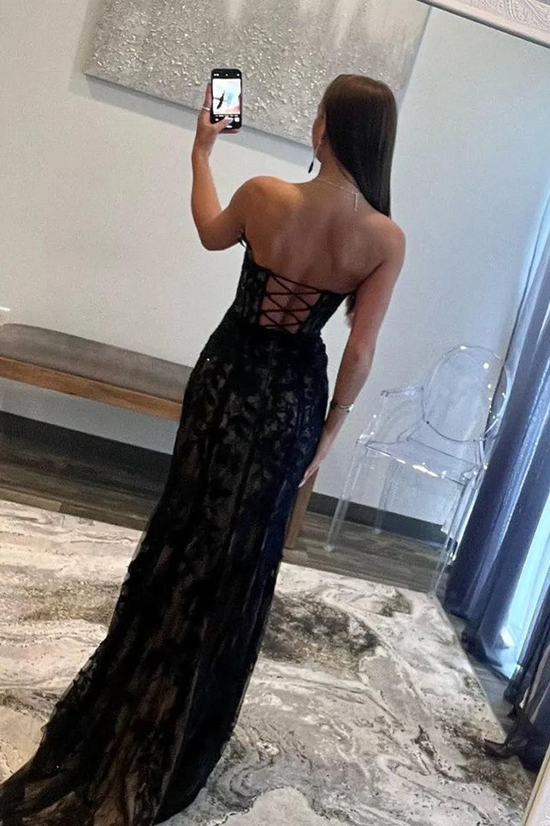 Gorgeous Mermaid Strapless Black Lace Long Prom Dresses VK23091508