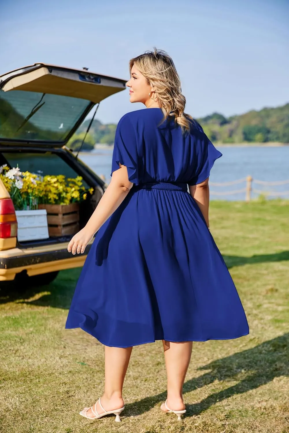 Hanna Nikole Plus Size Chiffon Dresses for Women Flounce Sleeves Empire Waist A Line Summer Beach Dress