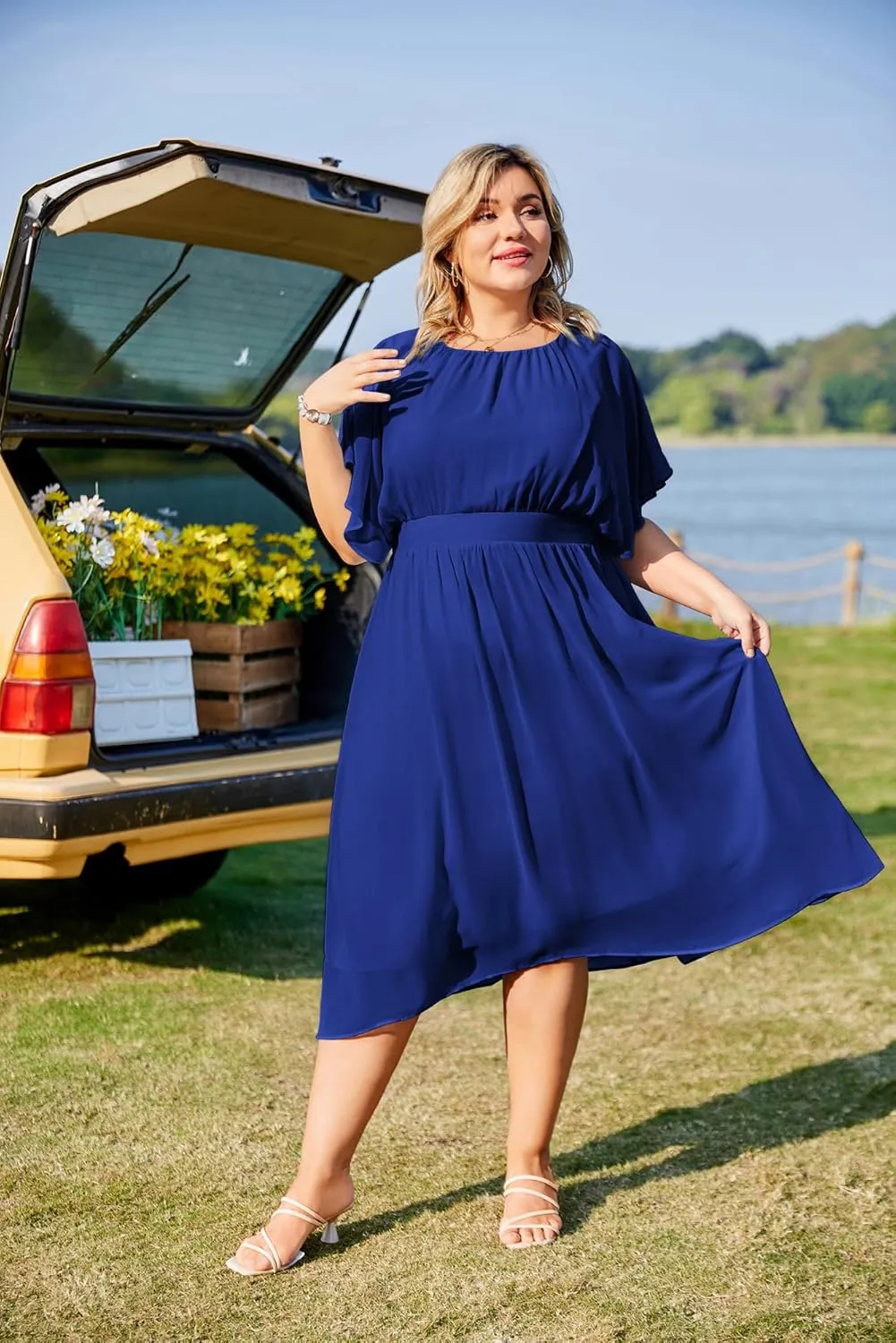 Hanna Nikole Plus Size Chiffon Dresses for Women Flounce Sleeves Empire Waist A Line Summer Beach Dress