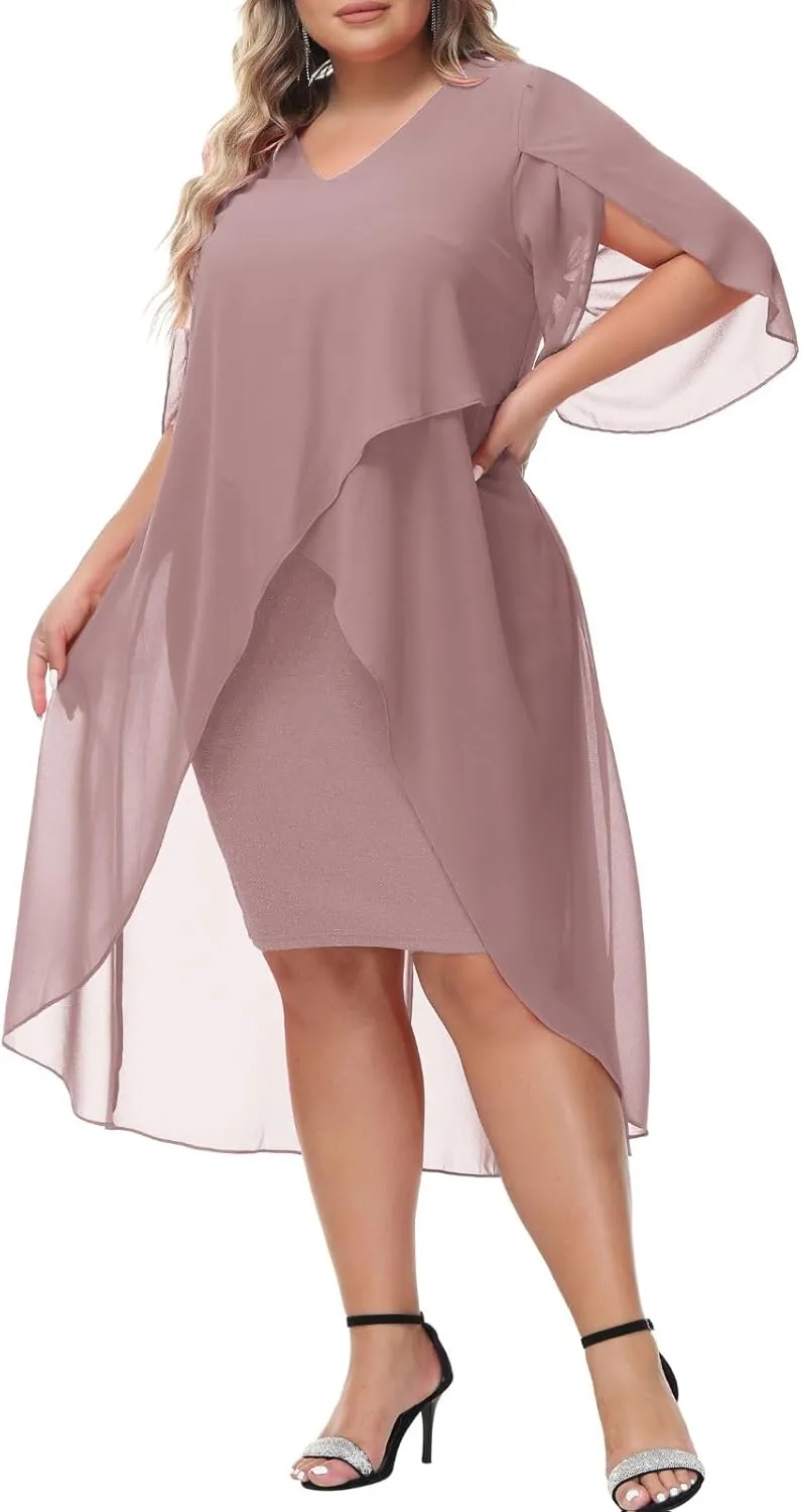 Hanna Nikole Womens Plus Size Chiffon Cocktail Dress Ruffle 3/4 Sleeve Wedding Guest Party Dresses with High Low Hem