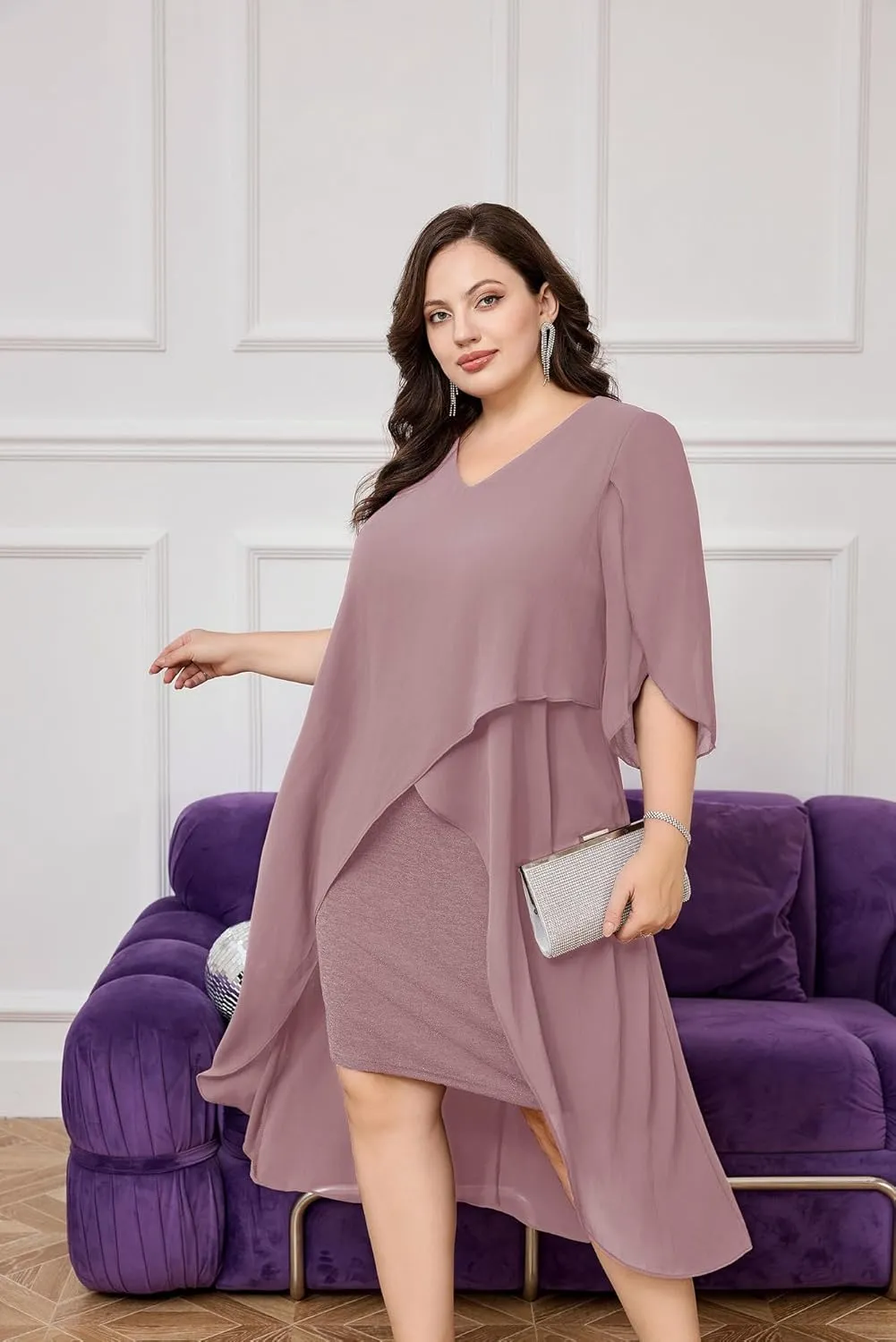 Hanna Nikole Womens Plus Size Chiffon Cocktail Dress Ruffle 3/4 Sleeve Wedding Guest Party Dresses with High Low Hem