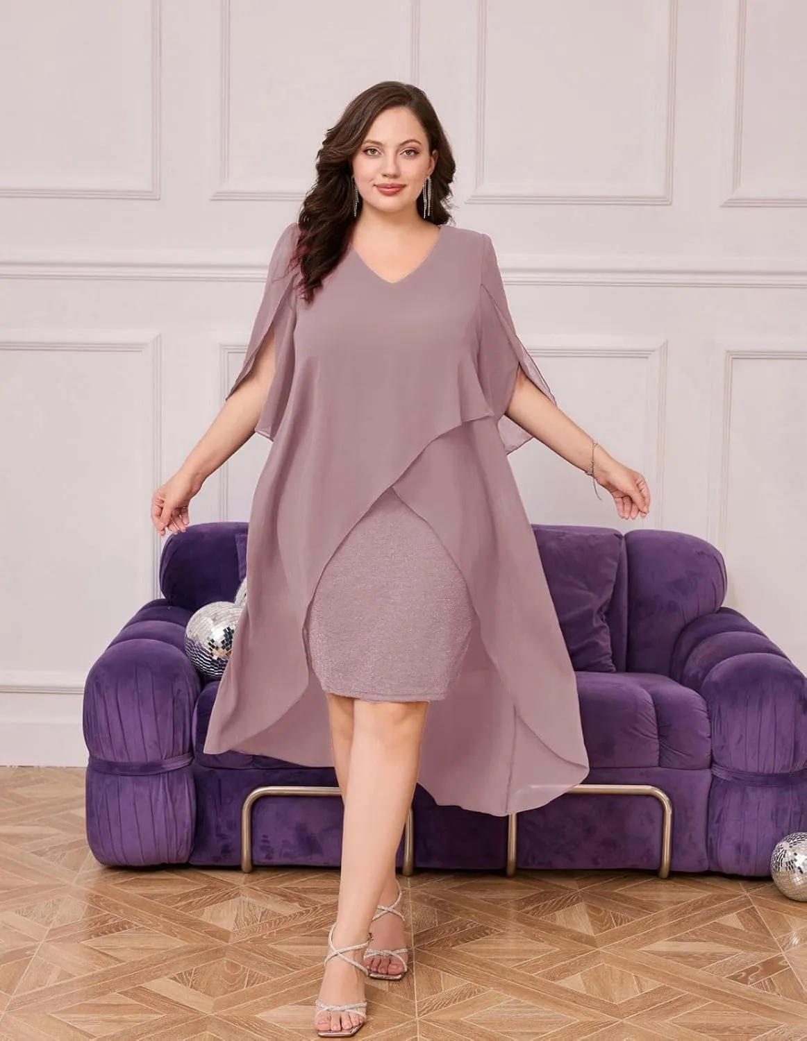 Hanna Nikole Womens Plus Size Chiffon Cocktail Dress Ruffle 3/4 Sleeve Wedding Guest Party Dresses with High Low Hem