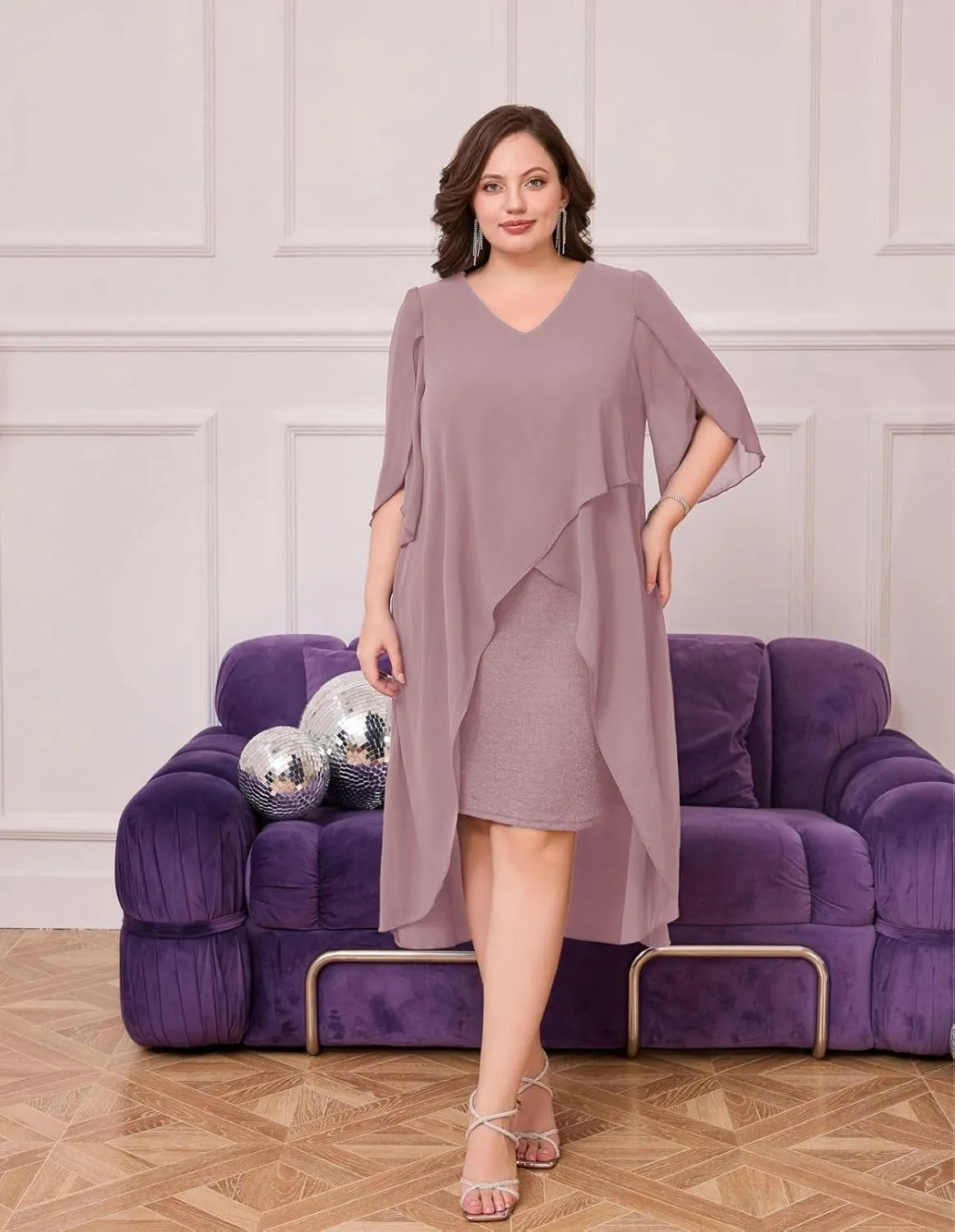 Hanna Nikole Womens Plus Size Chiffon Cocktail Dress Ruffle 3/4 Sleeve Wedding Guest Party Dresses with High Low Hem