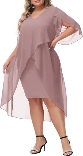 Hanna Nikole Womens Plus Size Chiffon Cocktail Dress Ruffle 3/4 Sleeve Wedding Guest Party Dresses with High Low Hem