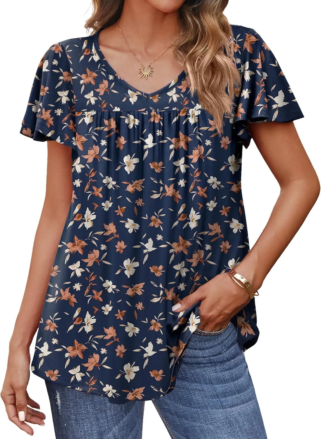 HOTOUCH Womens Ruffle Sleeve Tunic Tops Pleated V Neck Loose Fit Short Sleeve Shirts Summer Floral Casual Boho Blouses