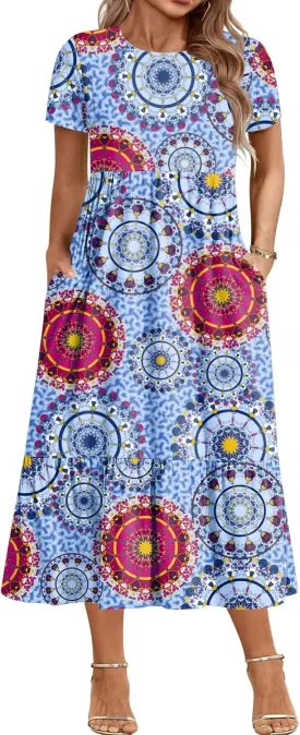 IN'VOLAND Women Plus Size Short Sleeve Dress Loose Plain Casual Summer Flowy Tiered Long Maxi Dresses with Pockets
