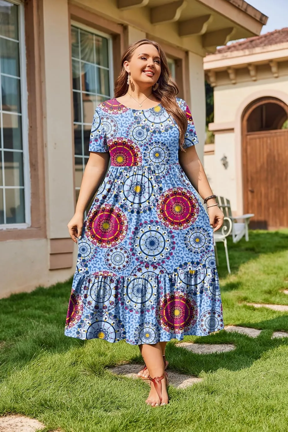 IN'VOLAND Women Plus Size Short Sleeve Dress Loose Plain Casual Summer Flowy Tiered Long Maxi Dresses with Pockets