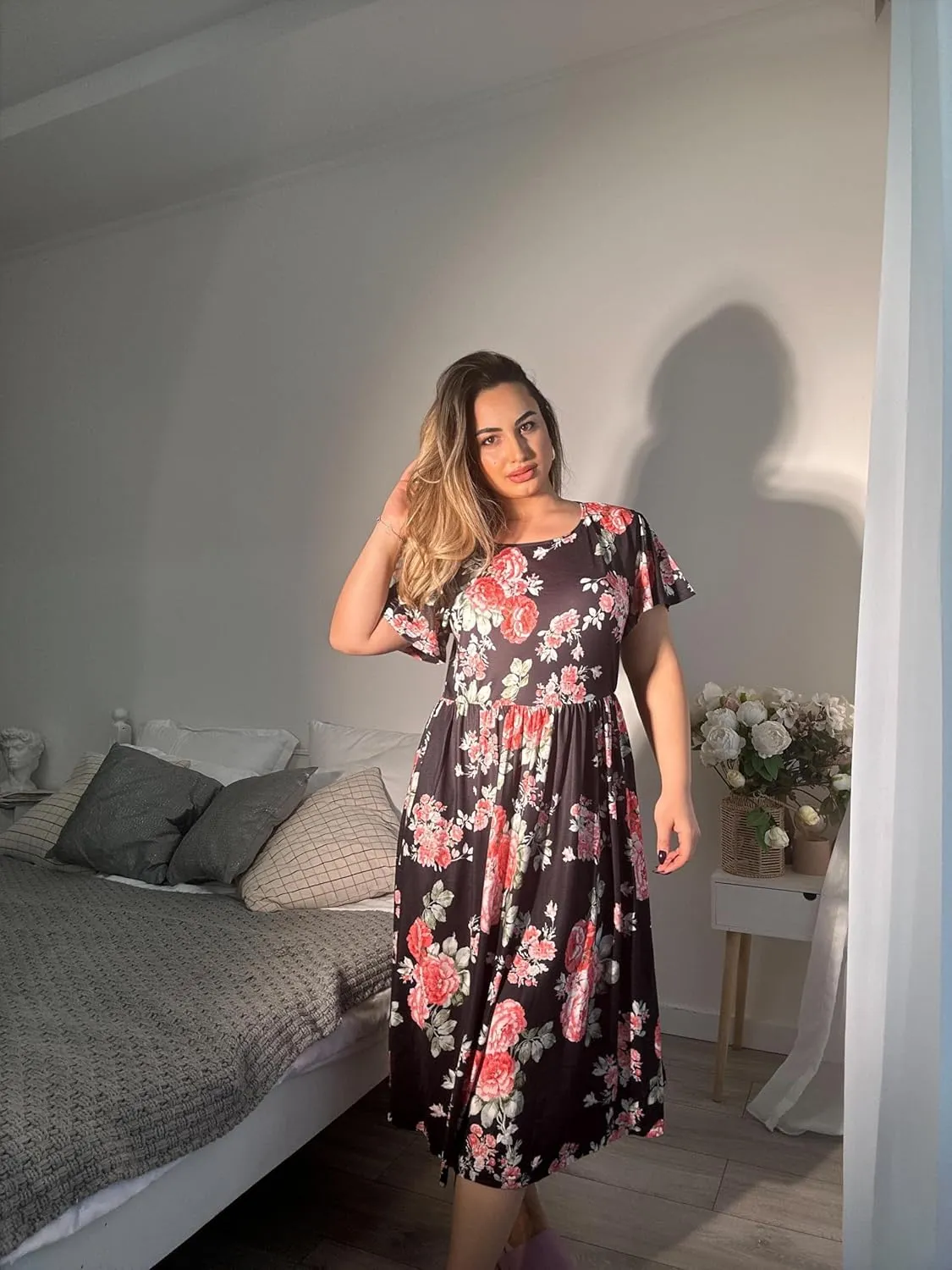 IN'VOLAND Women Plus Size Short Sleeve Dress Loose Summer Casual A-Line Flowy Midi Dresses with Pockets