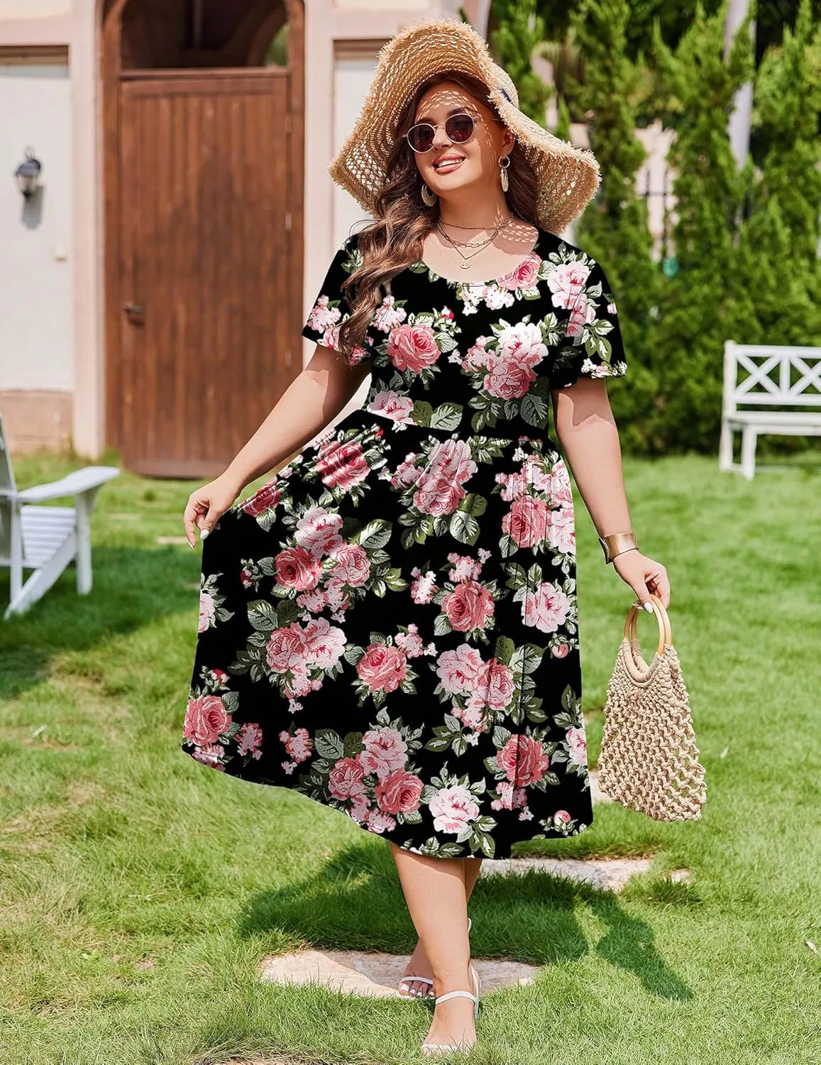 IN'VOLAND Women Plus Size Short Sleeve Dress Loose Summer Casual A-Line Flowy Midi Dresses with Pockets