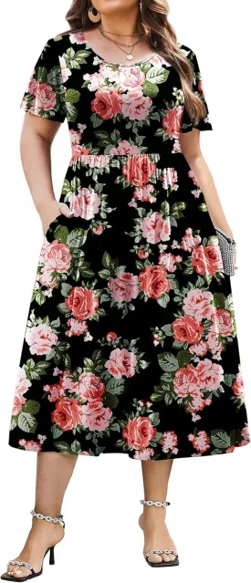 IN'VOLAND Women Plus Size Short Sleeve Dress Loose Summer Casual A-Line Flowy Midi Dresses with Pockets