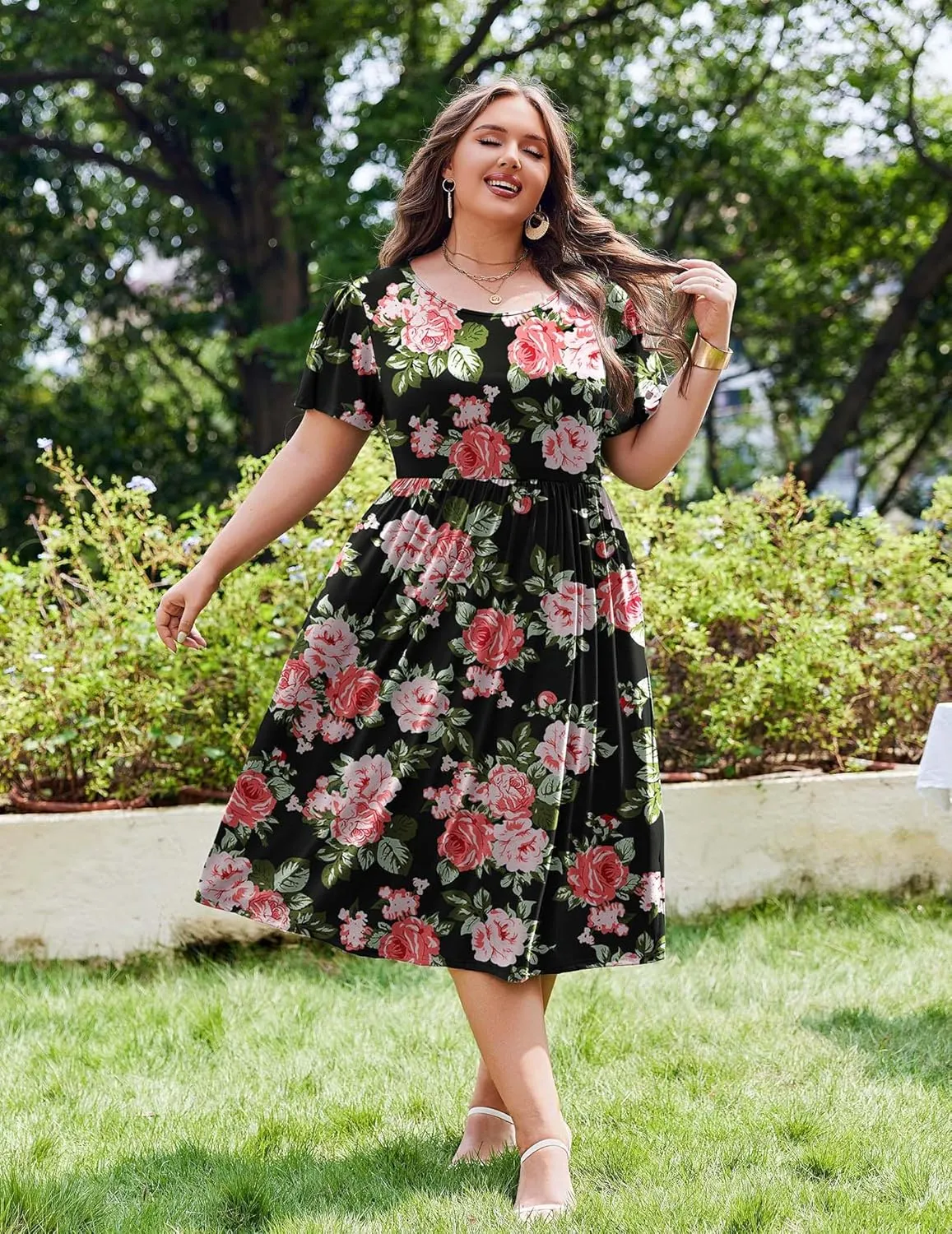 IN'VOLAND Women Plus Size Short Sleeve Dress Loose Summer Casual A-Line Flowy Midi Dresses with Pockets