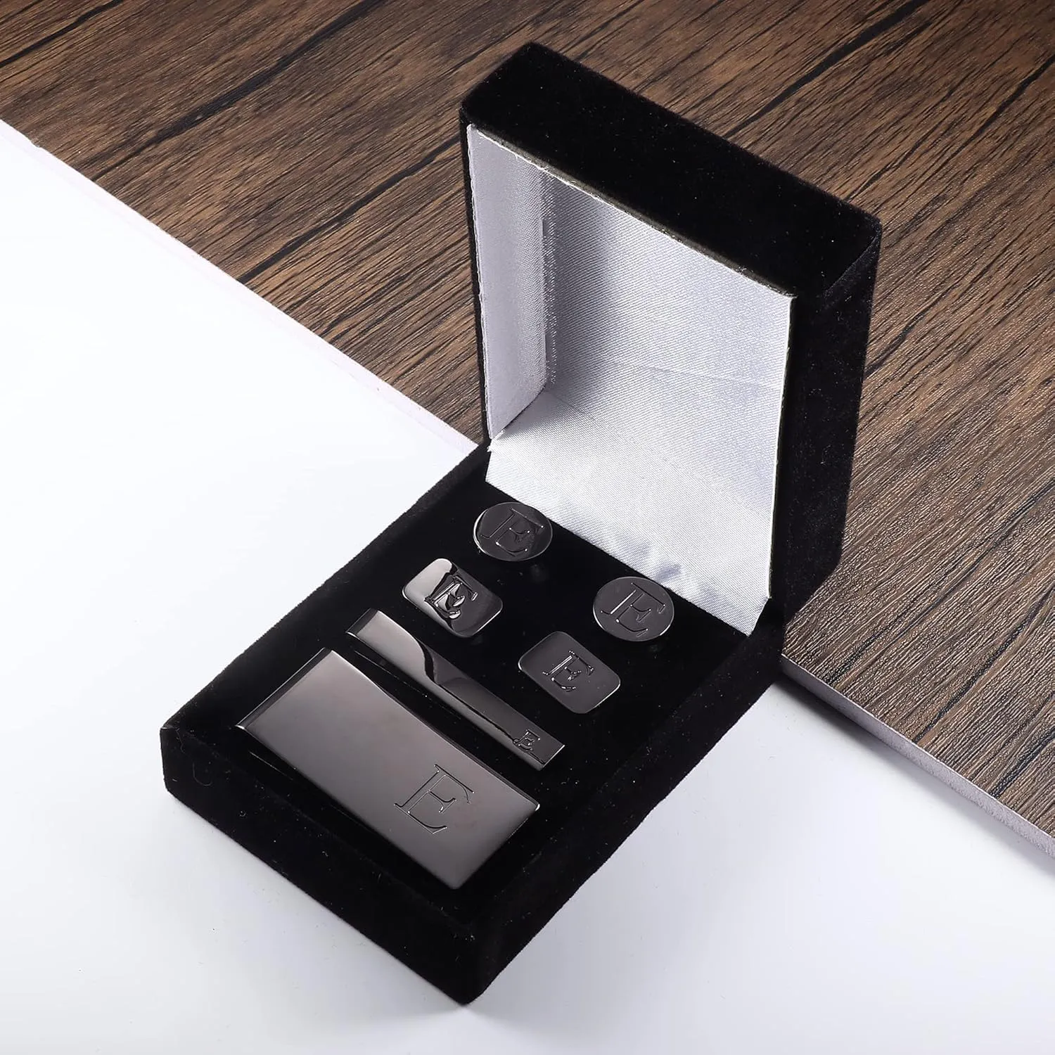 JOERICA Initial Cufflinks for Men and Tie Clip Set for Men Alphabet Letter Wallet Tie Clips and Cuff Link with Gift Box For Father Husband