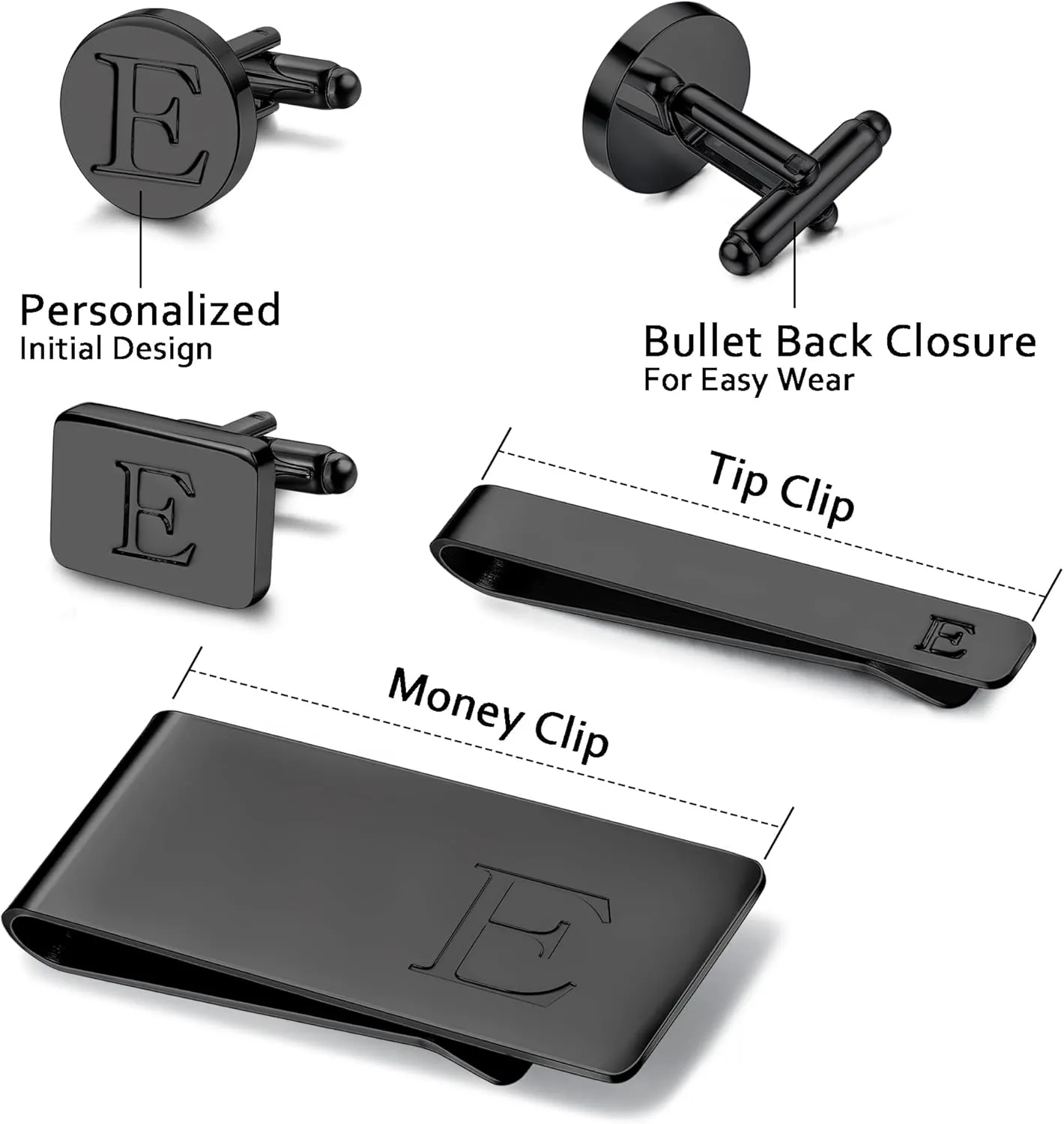 JOERICA Initial Cufflinks for Men and Tie Clip Set for Men Alphabet Letter Wallet Tie Clips and Cuff Link with Gift Box For Father Husband