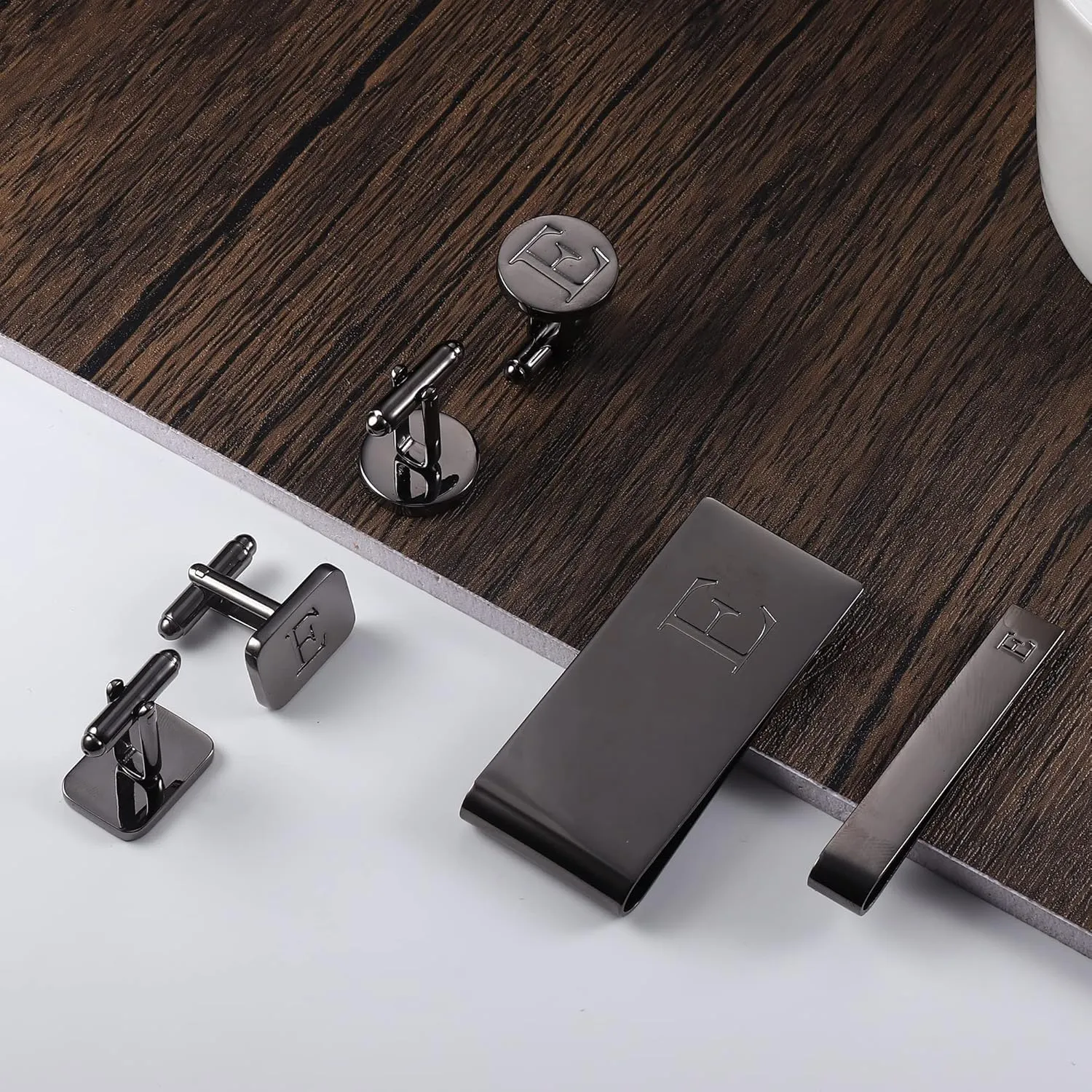 JOERICA Initial Cufflinks for Men and Tie Clip Set for Men Alphabet Letter Wallet Tie Clips and Cuff Link with Gift Box For Father Husband
