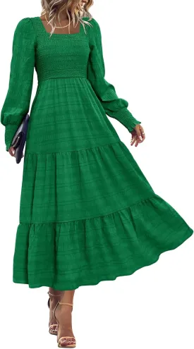 KIRUNDO Women Spring Wedding Guest Maxi Dress Elegant Puff Long Sleeve Summer Smocked Empire Waist Swing Flowy Long Dresses