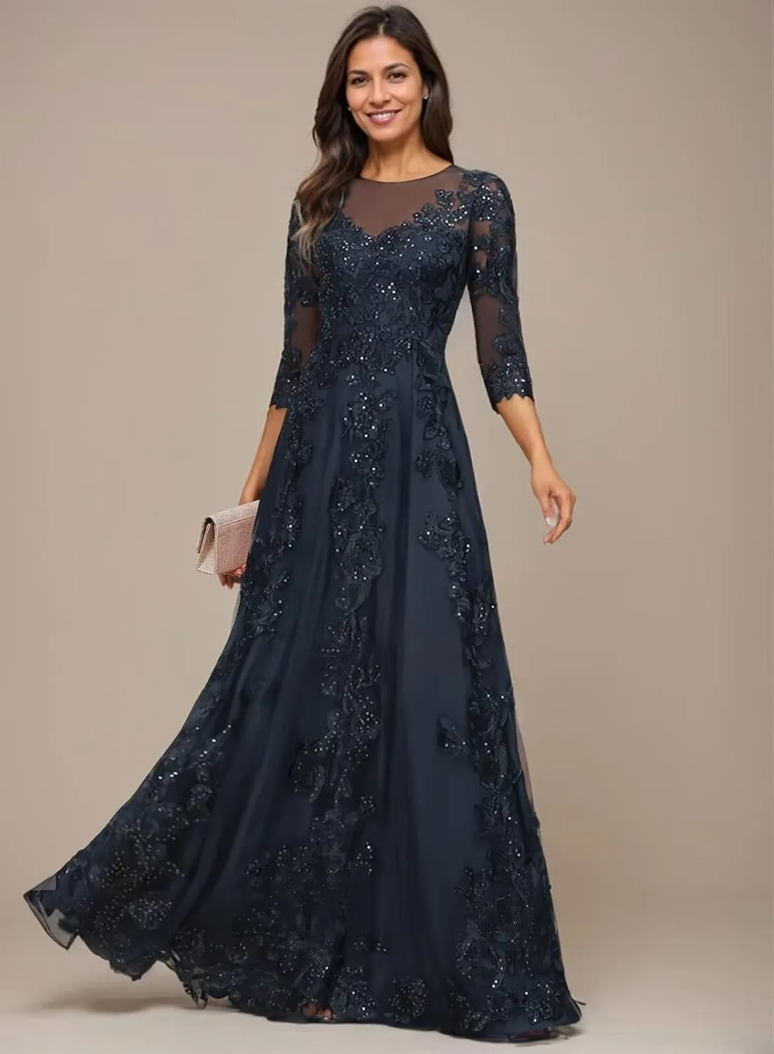 Lace Appliques Long Mother of The Bride Dresses with 3/4 Sleeve Tulle Beaded Scoop Neck Formal Gowns