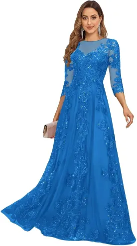 Lace Appliques Long Mother of The Bride Dresses with 3/4 Sleeve Tulle Beaded Scoop Neck Formal Gowns