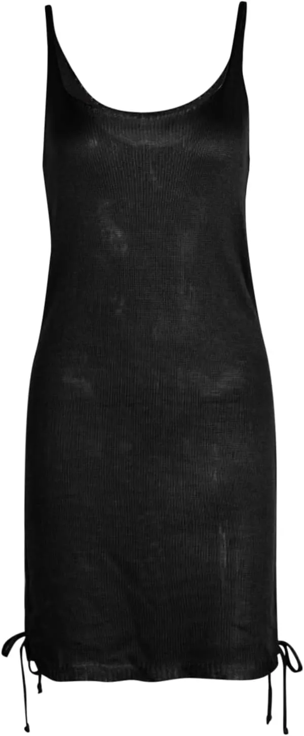 LFEOOST Drawstring Dresses for Women Summer Sexy Casual Sleeveless Boat Neck Solid High Waist Slim Slip Camies Mini Dress