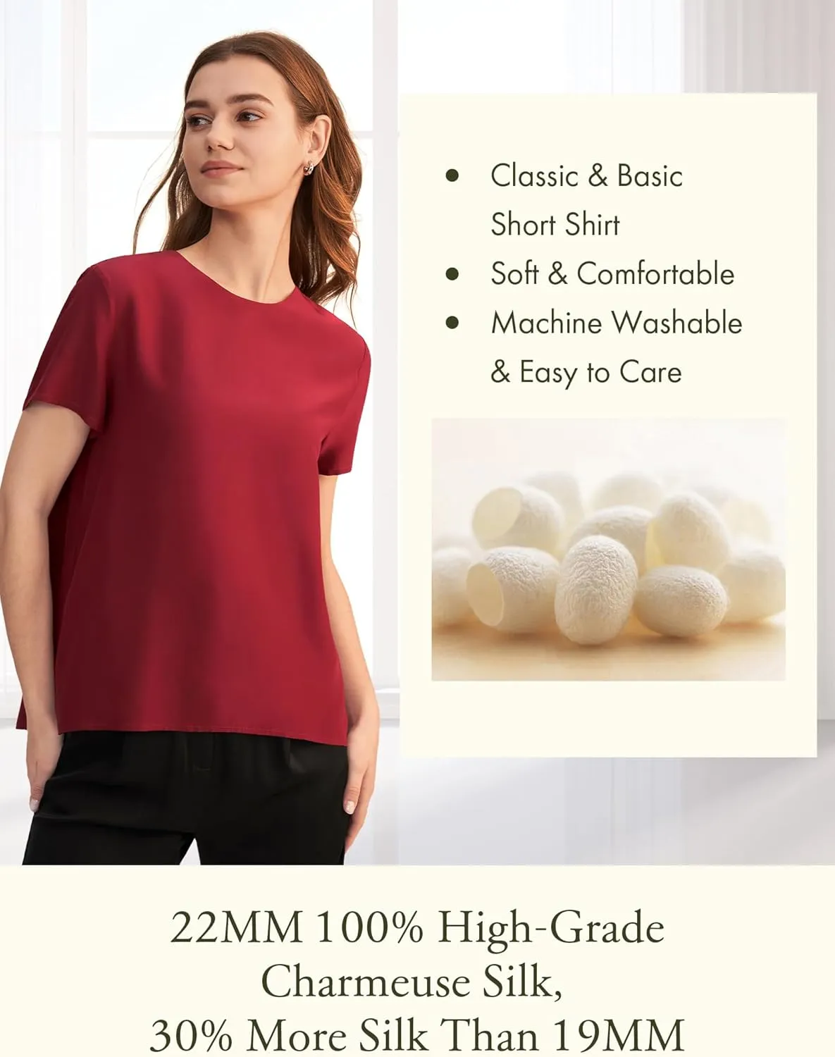LilySilk Silk Blouses for Women Short Sleeve 100 Pure Mulberry 22 Momme Ladies Silk Tops Button Slit Back Closure