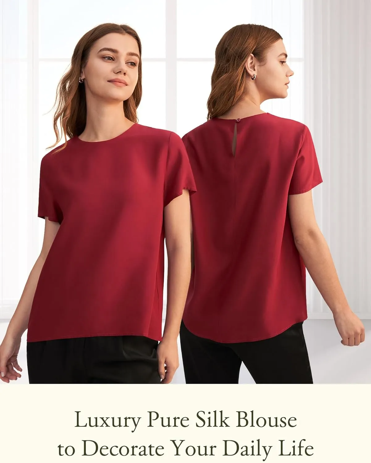 LilySilk Silk Blouses for Women Short Sleeve 100 Pure Mulberry 22 Momme Ladies Silk Tops Button Slit Back Closure