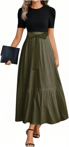 Long Dresses for Women Spring Solid Color Crewneck Light Tie Waist Short Sleeve Casual Vacation High Waist Long Dresses