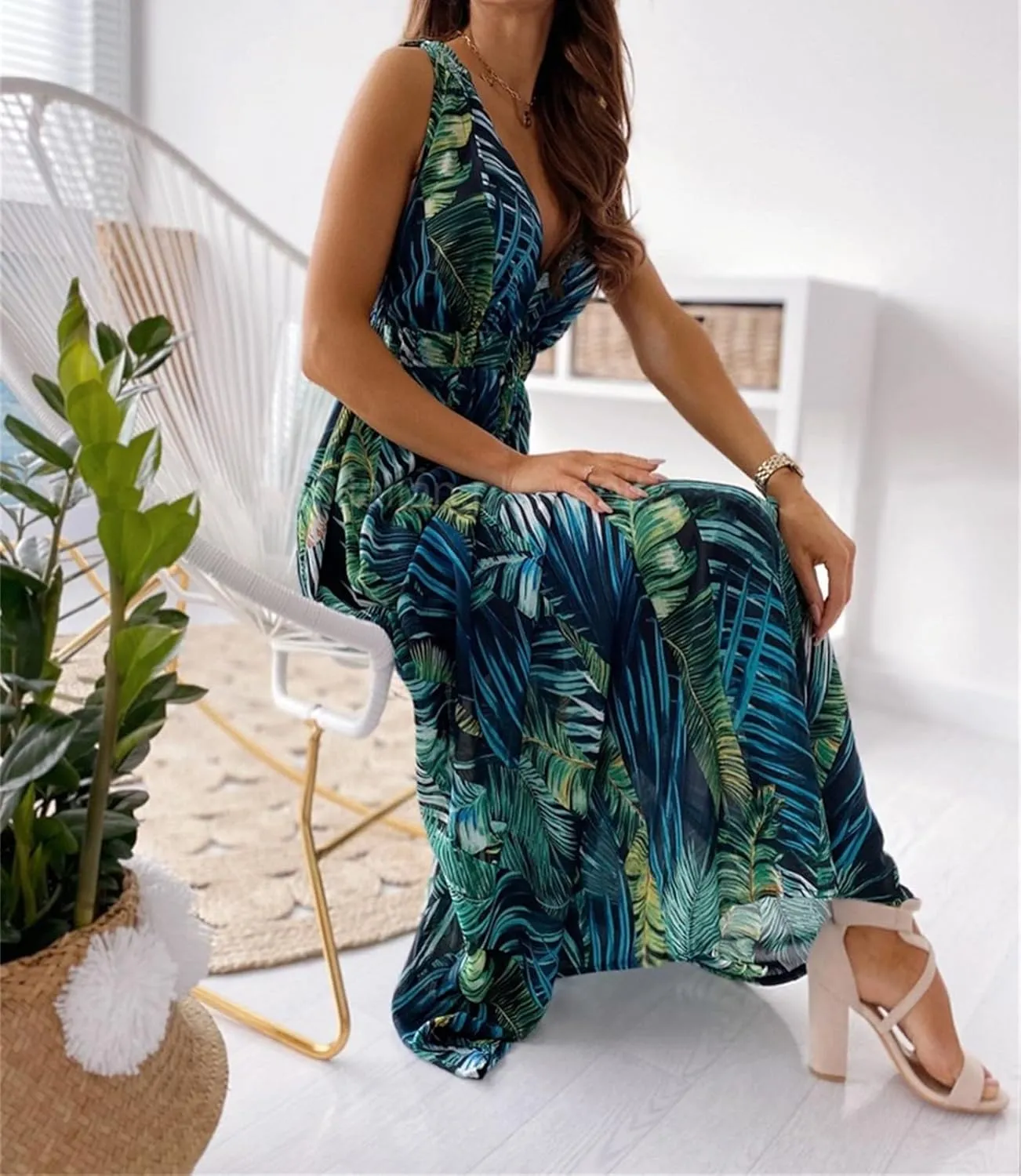 MANNXC Womens Long Sleeve Dresses Floral Dresses V Neck Chiffon Beach Hawaiian Maxi Long Dresses