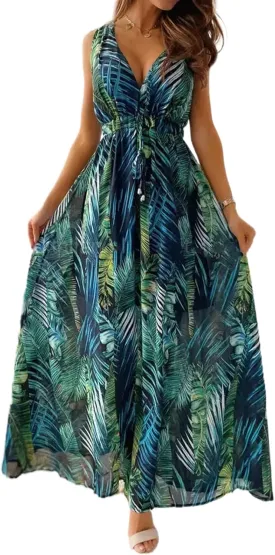 MANNXC Womens Long Sleeve Dresses Floral Dresses V Neck Chiffon Beach Hawaiian Maxi Long Dresses