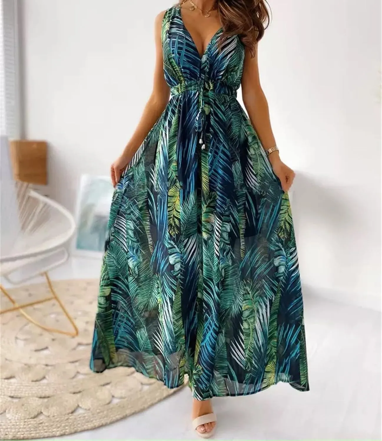 MANNXC Womens Long Sleeve Dresses Floral Dresses V Neck Chiffon Beach Hawaiian Maxi Long Dresses