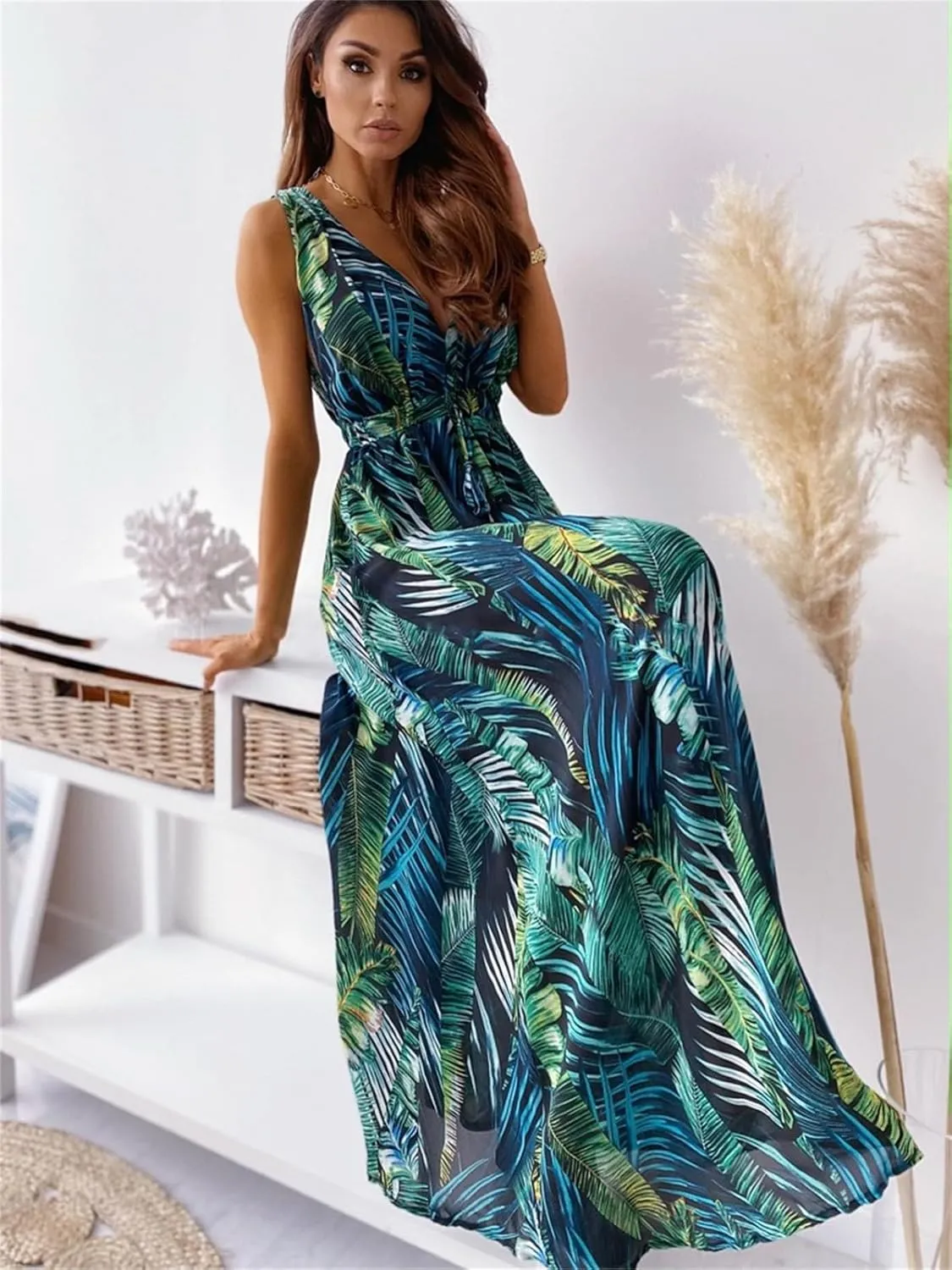 MANNXC Womens Long Sleeve Dresses Floral Dresses V Neck Chiffon Beach Hawaiian Maxi Long Dresses