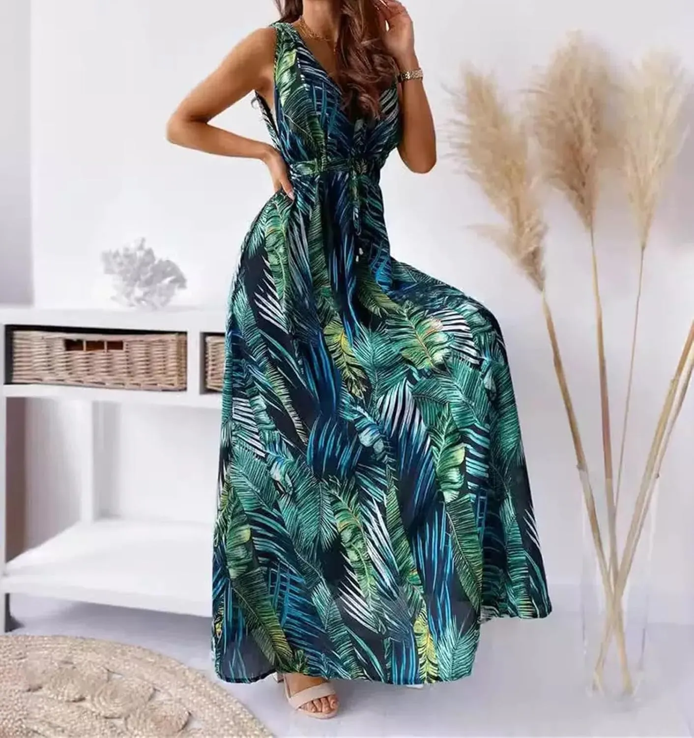 MANNXC Womens Long Sleeve Dresses Floral Dresses V Neck Chiffon Beach Hawaiian Maxi Long Dresses