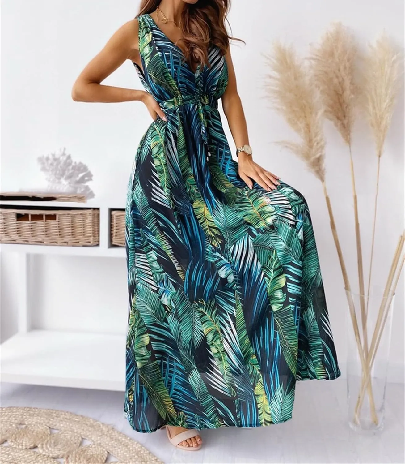 MANNXC Womens Long Sleeve Dresses Floral Dresses V Neck Chiffon Beach Hawaiian Maxi Long Dresses