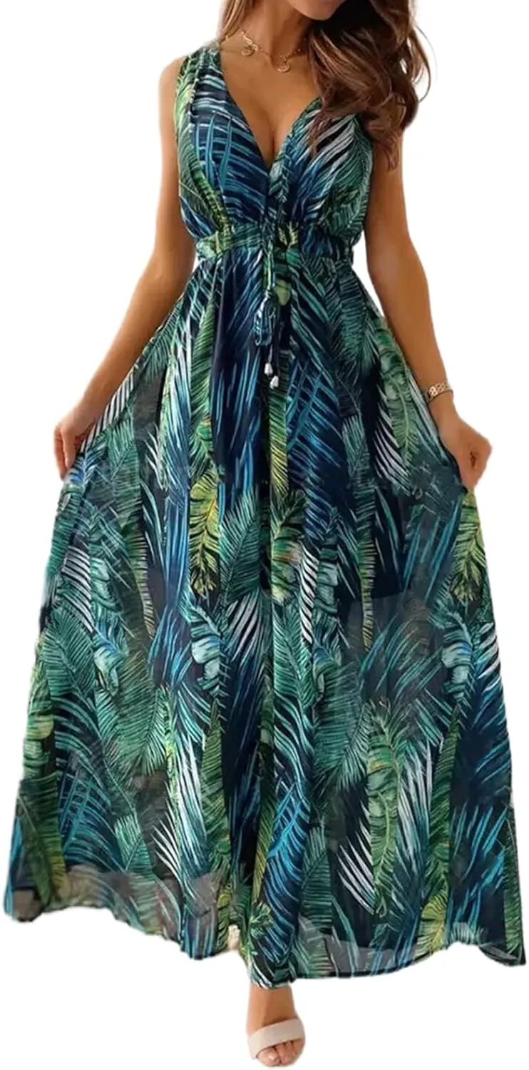 MANNXC Womens Long Sleeve Dresses Floral Dresses V Neck Chiffon Beach Hawaiian Maxi Long Dresses