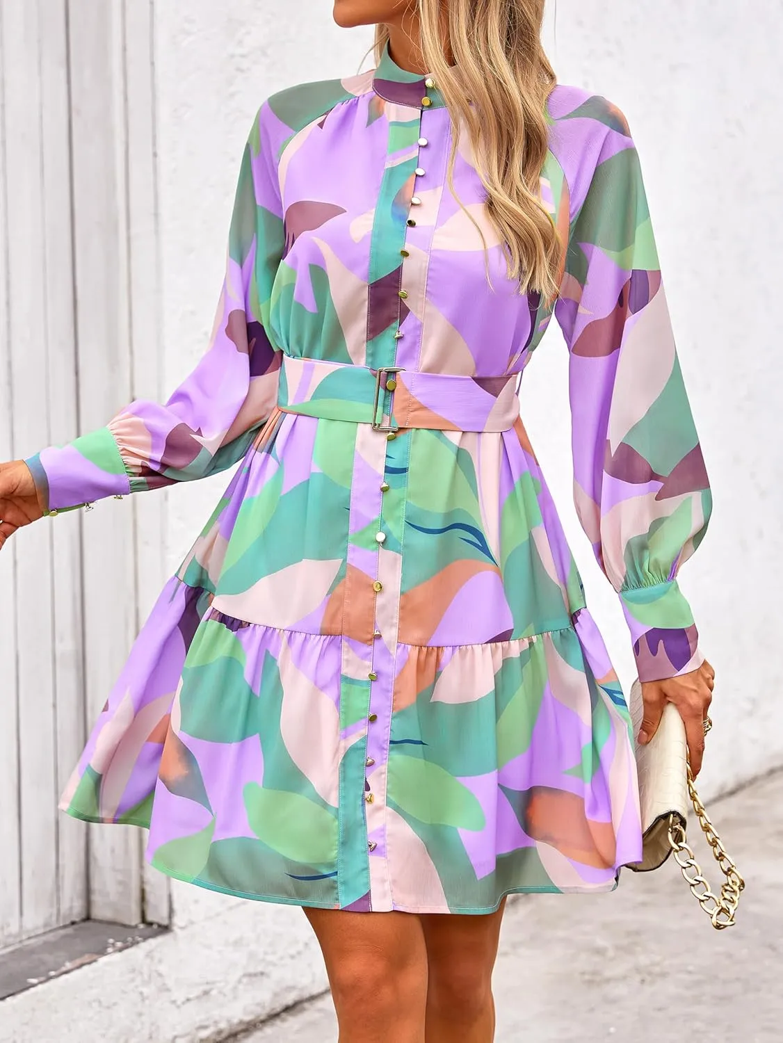 MASCOMODA Fall Dresses for Women 2024 Elegant Long Sleeve Button Short Floral Dress Chiffon A-Line Tie Waist Flowy Mini Dress