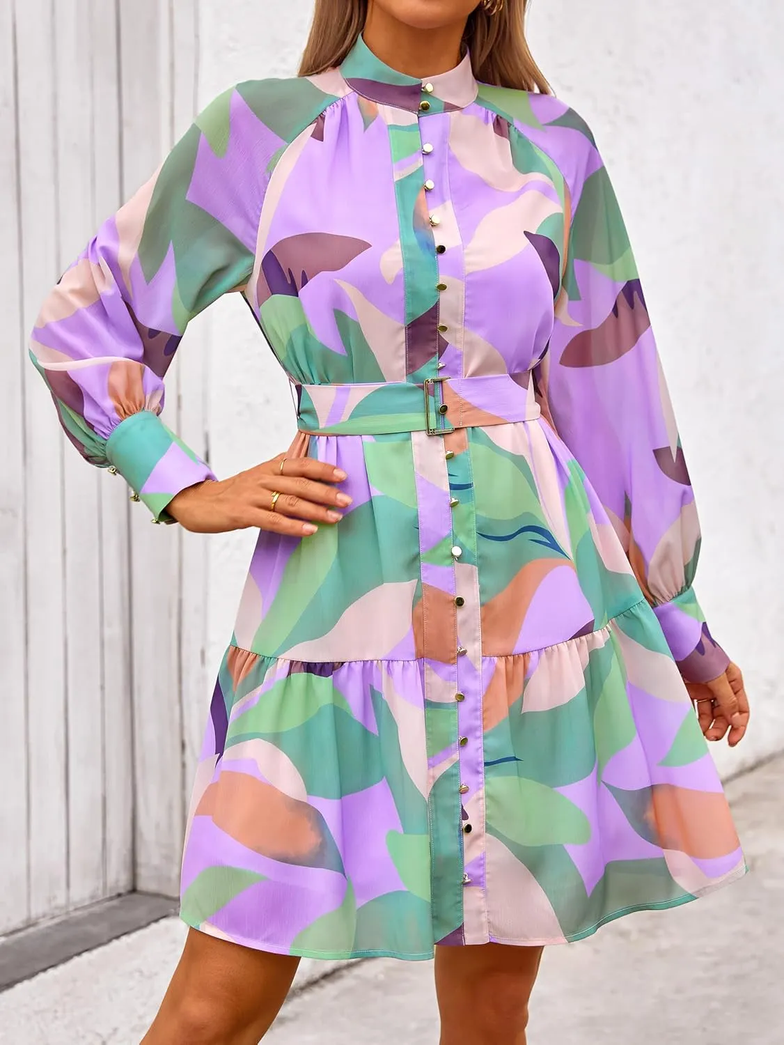 MASCOMODA Fall Dresses for Women 2024 Elegant Long Sleeve Button Short Floral Dress Chiffon A-Line Tie Waist Flowy Mini Dress