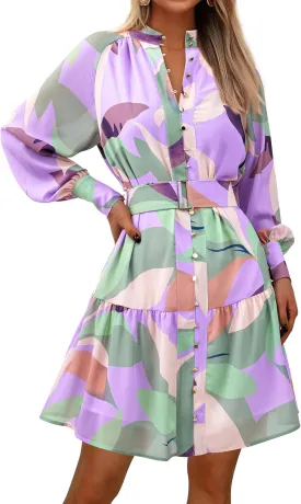 MASCOMODA Fall Dresses for Women 2024 Elegant Long Sleeve Button Short Floral Dress Chiffon A-Line Tie Waist Flowy Mini Dress