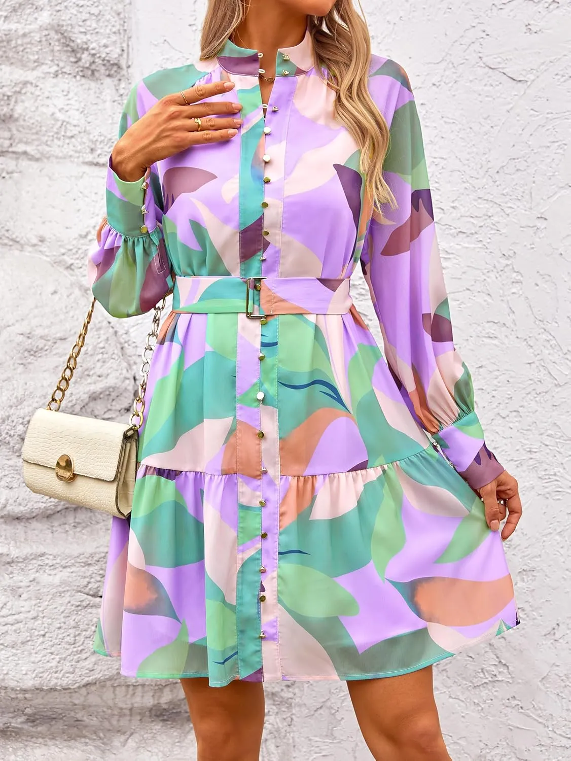 MASCOMODA Fall Dresses for Women 2024 Elegant Long Sleeve Button Short Floral Dress Chiffon A-Line Tie Waist Flowy Mini Dress