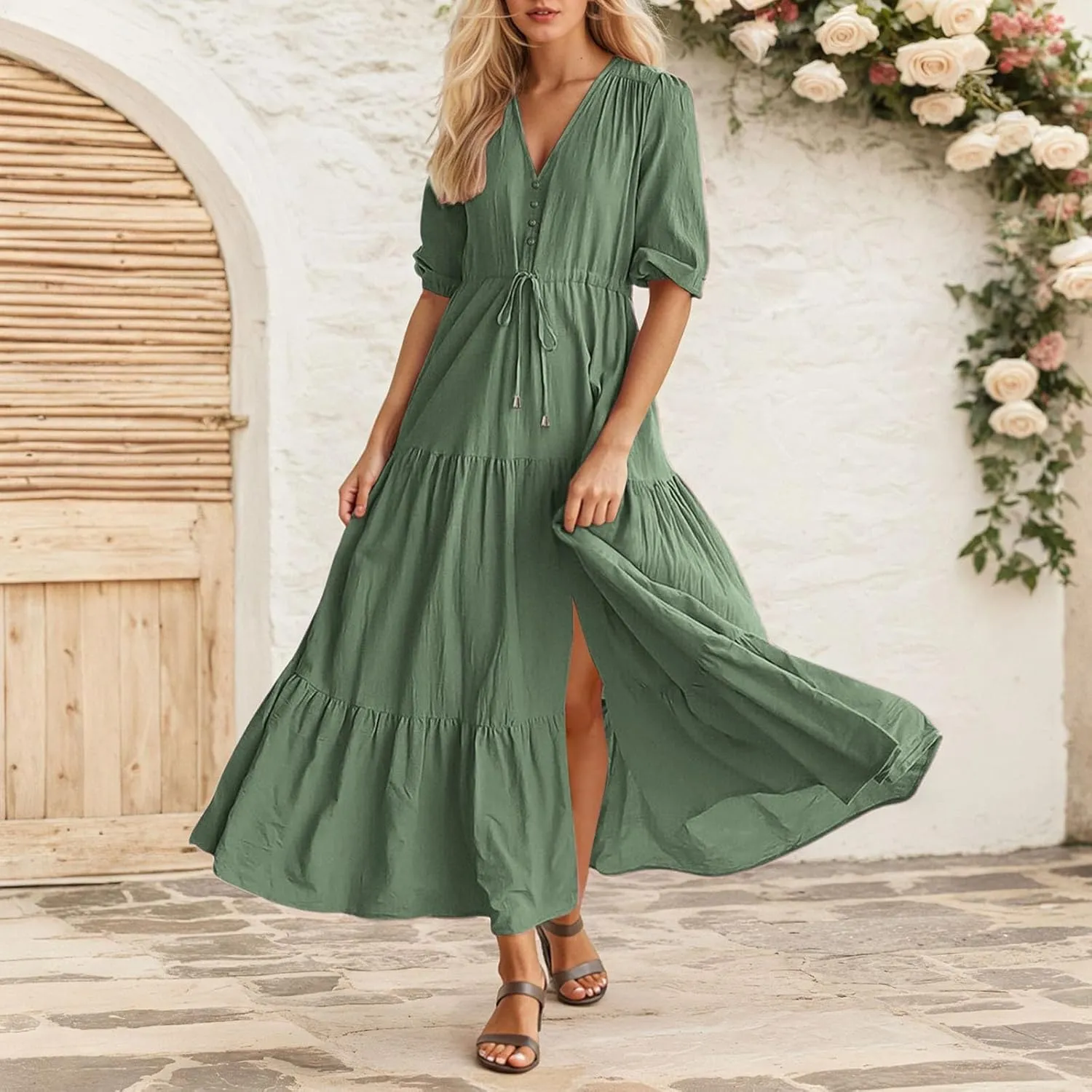 Maxi Dresses for Women Ankle Length Floral Print Beach Long Flowy Dress with Pockets