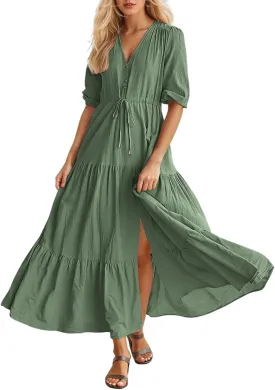 Maxi Dresses for Women Ankle Length Floral Print Beach Long Flowy Dress with Pockets