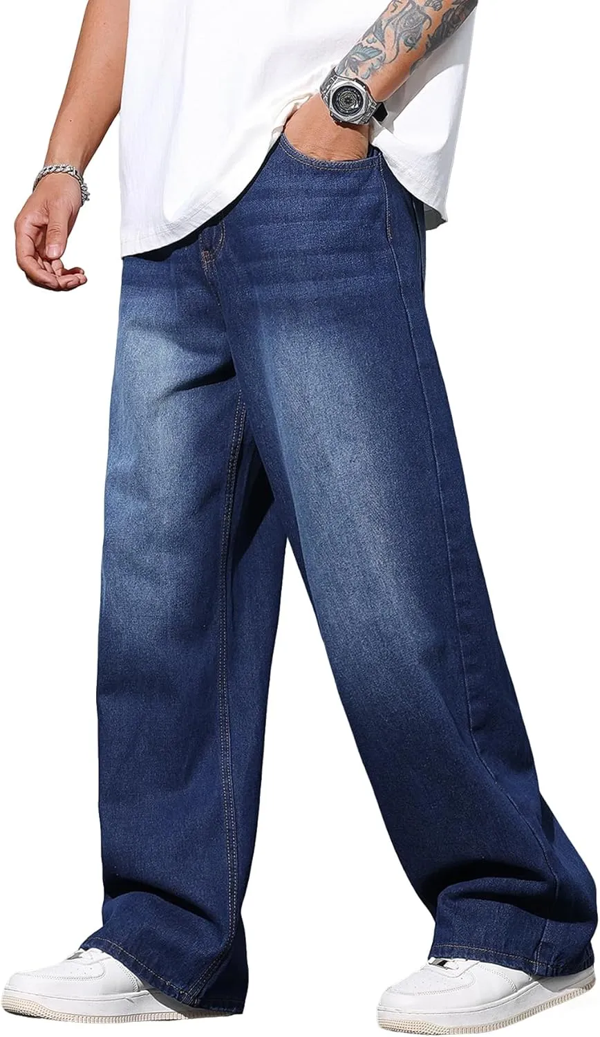 Men's Baggy Jeans Y2K Vintage Wide Leg Denim Pants Hip Hop Skater Jeans Loose Fit Trousers 2000s Streetwear