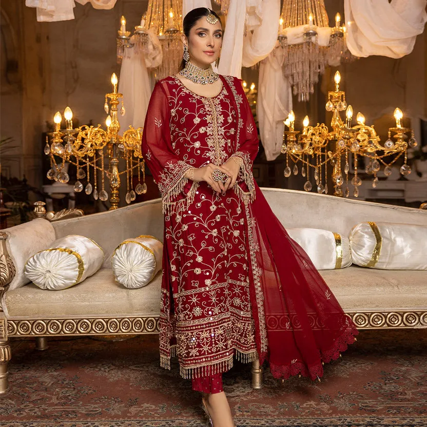 Merakish Luxury Embroidered Chiffon Collection – Red Crimson