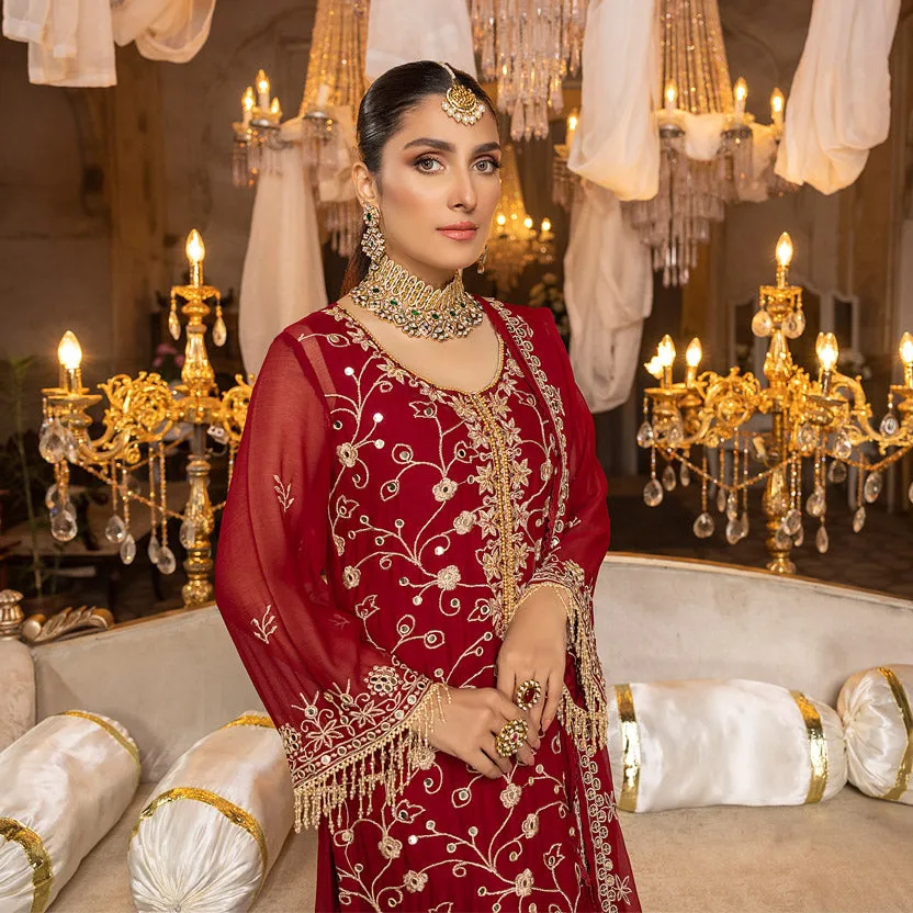 Merakish Luxury Embroidered Chiffon Collection – Red Crimson