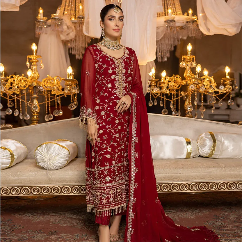 Merakish Luxury Embroidered Chiffon Collection – Red Crimson