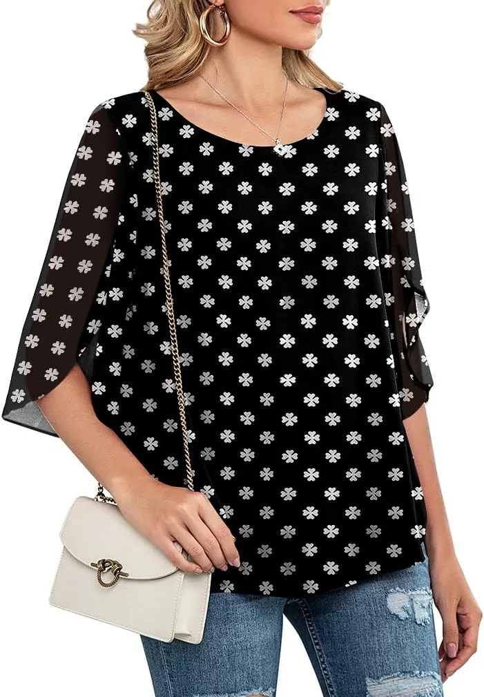 Neineiwu Womens Casual Scoop Neck Loose Top 3/4 Sleeve Chiffon Blouse Shirt Tops