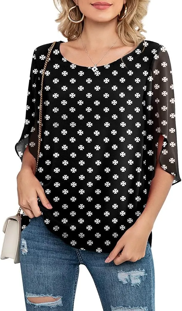 Neineiwu Womens Casual Scoop Neck Loose Top 3/4 Sleeve Chiffon Blouse Shirt Tops